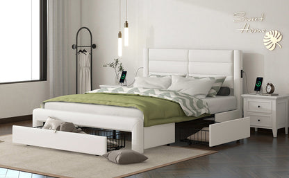 Leather Upholstered Platform Bed with Drawer Storage & Charging Station, White