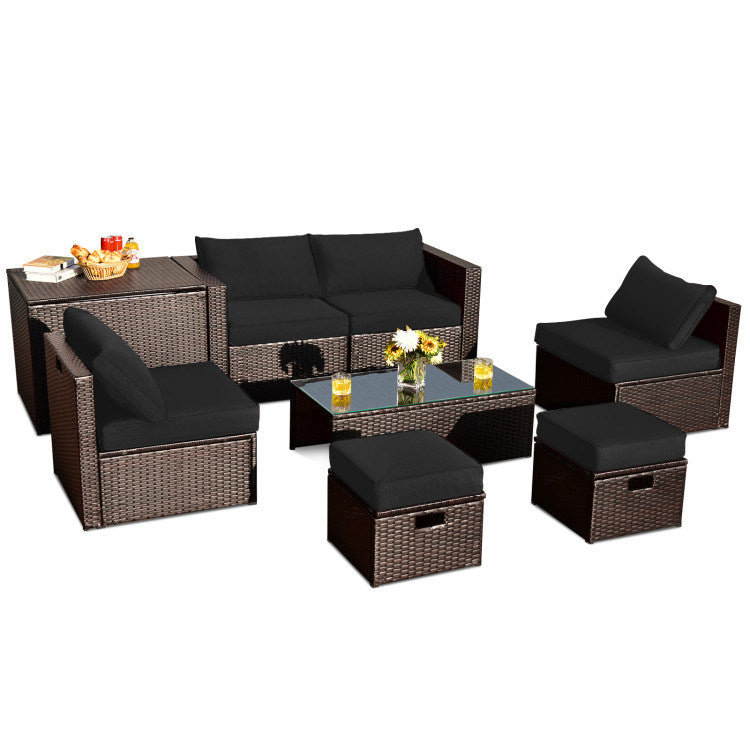 8 pieces patio space-saving rattan furniture set with storage box and waterproof cover