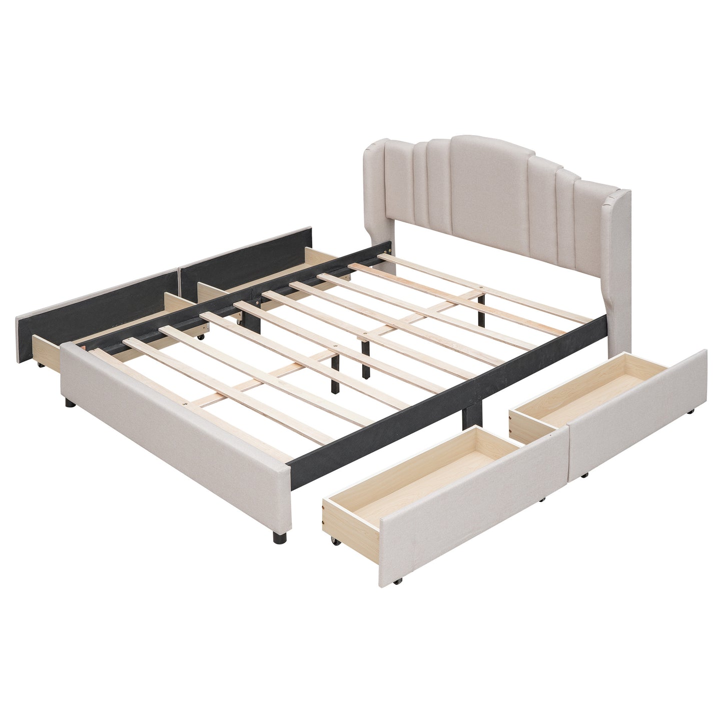 mie upholstered platform bed with wingback headboard and 4 drawers