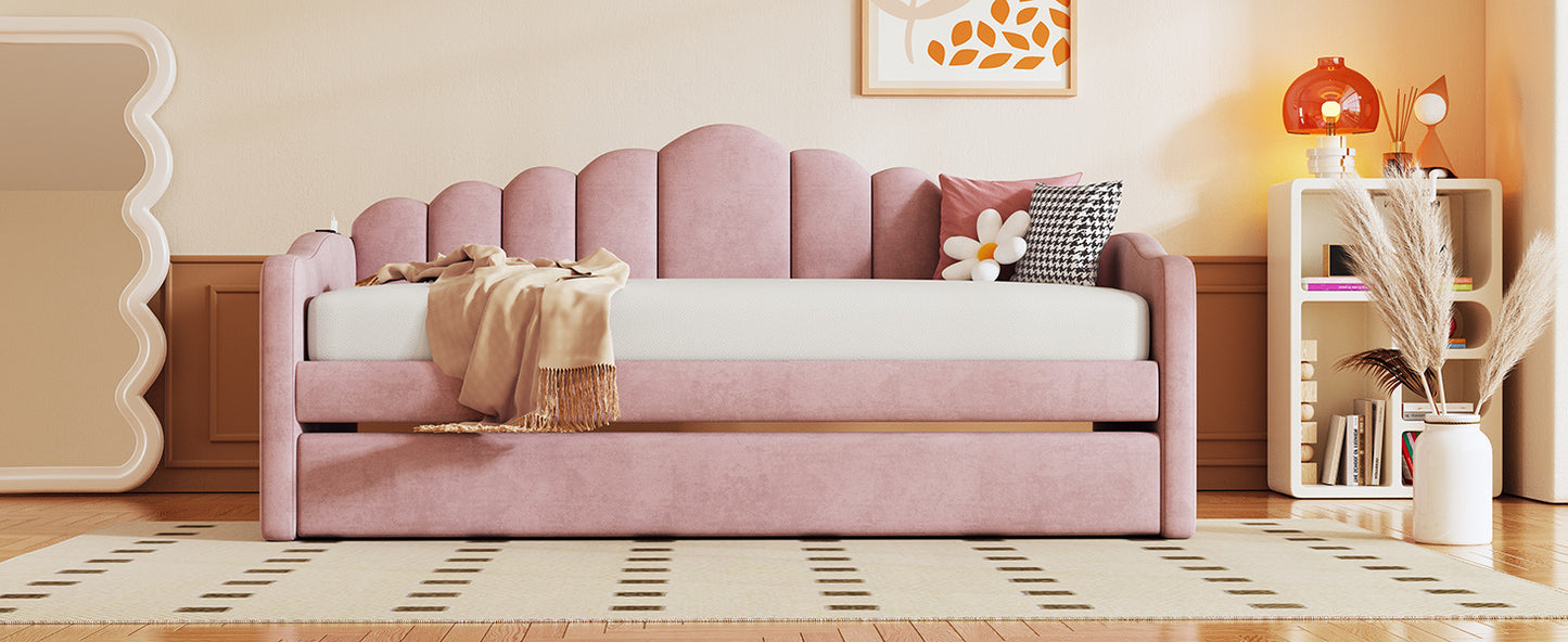 upholstered daybed with trundle & usb charging ports, pink