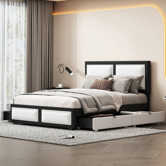 Teddy Upholstered Platform Bed with Large Rivet-decorated Backrests and 4 Drawers, Velvet Black+White
