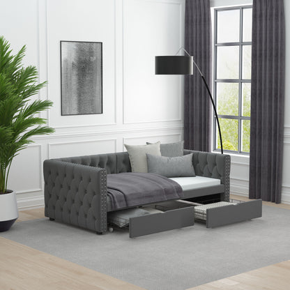 Velvet Upholstered Tufted Bed with Drawers, Grey