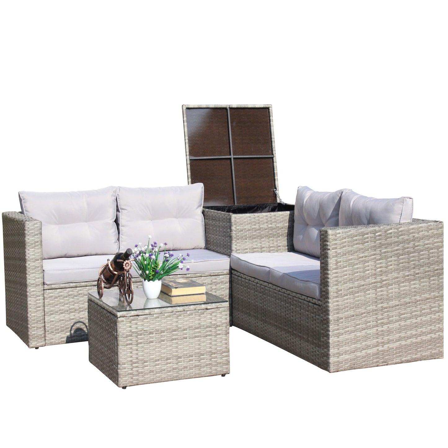 4 piece patio sectional wicker rattan outdoor furniture sofa set with storage box grey