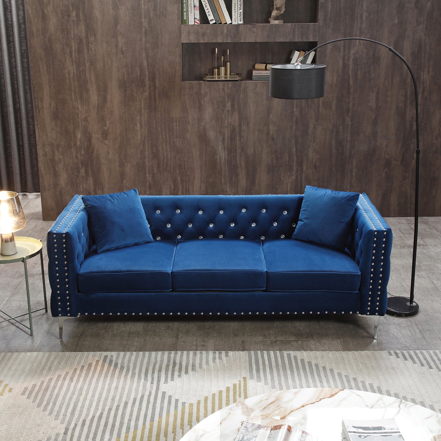 2 piece modern velvet living room set with 4 pillows included, blue