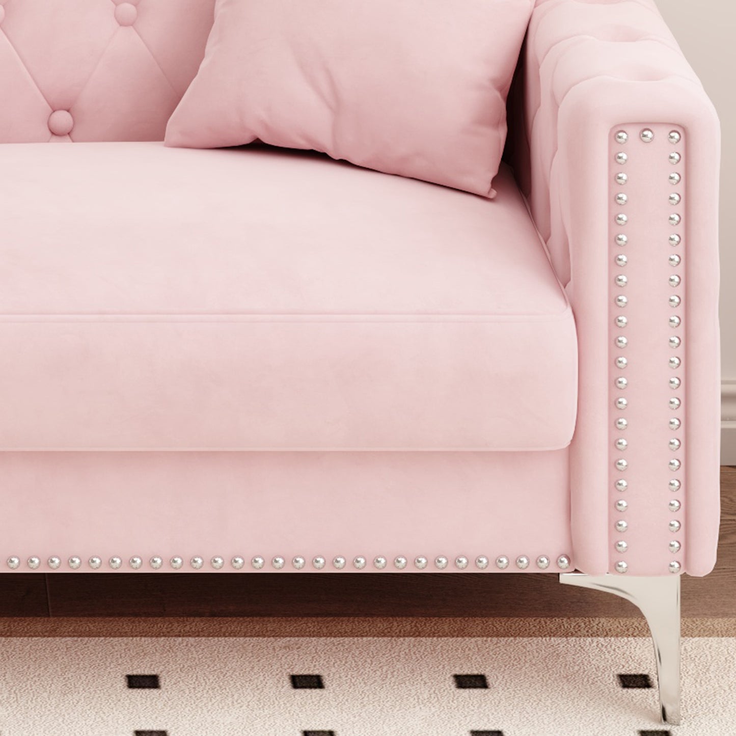morgan sofa includes 2 pillows, pink velvet
