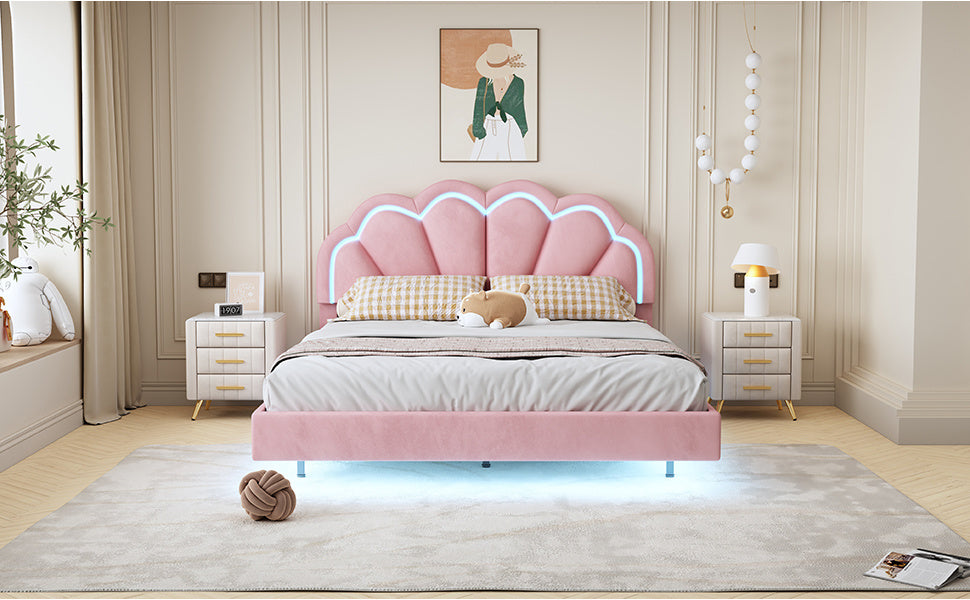 queen upholstered smart led bed frame with elegant flowers headboard,pink