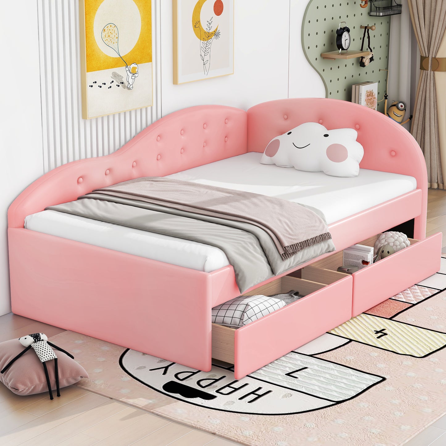upholstered tufted bed with two drawers and cloud shaped guardrail, pink