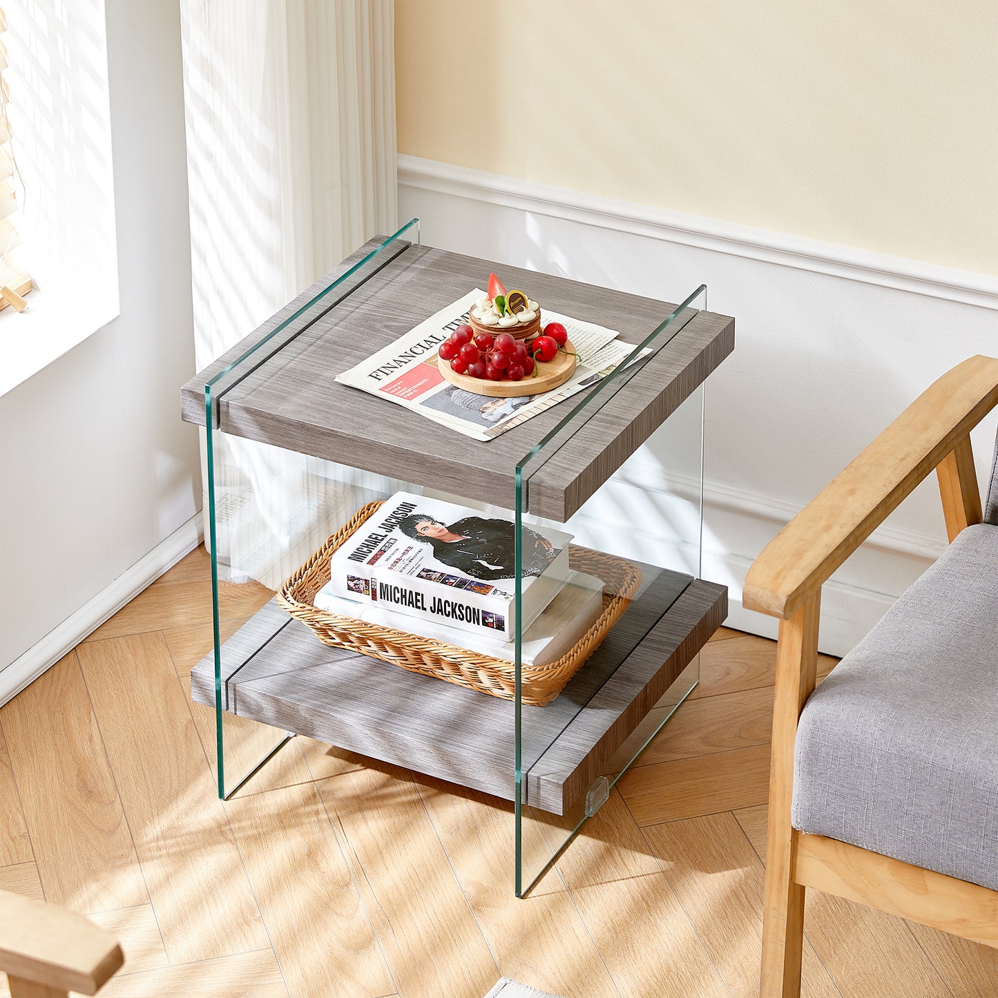 mdf end table, transparent/grey