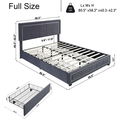 Upholstered Bed with LED Lights, 4 Drawer Storage, Grey