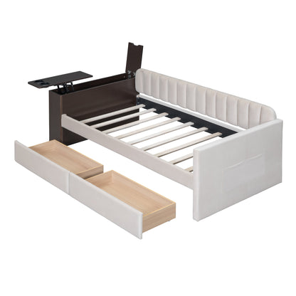 Upholstered Multi-functional Daybed with Cup Holder and a set of USB Ports and Sockets, Beige
