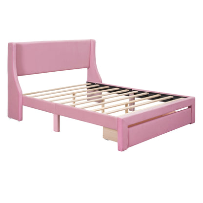 Velvet Upholstered Storage Bed with a Big Drawer - Pink