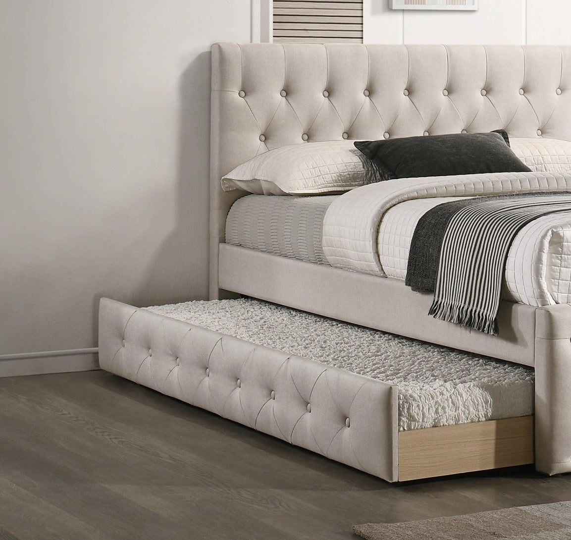burlap upholstered tufted bed with storage