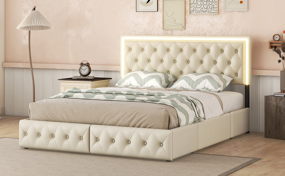 upholstered leather led headboard bed frame with 4 storage drawers, beige