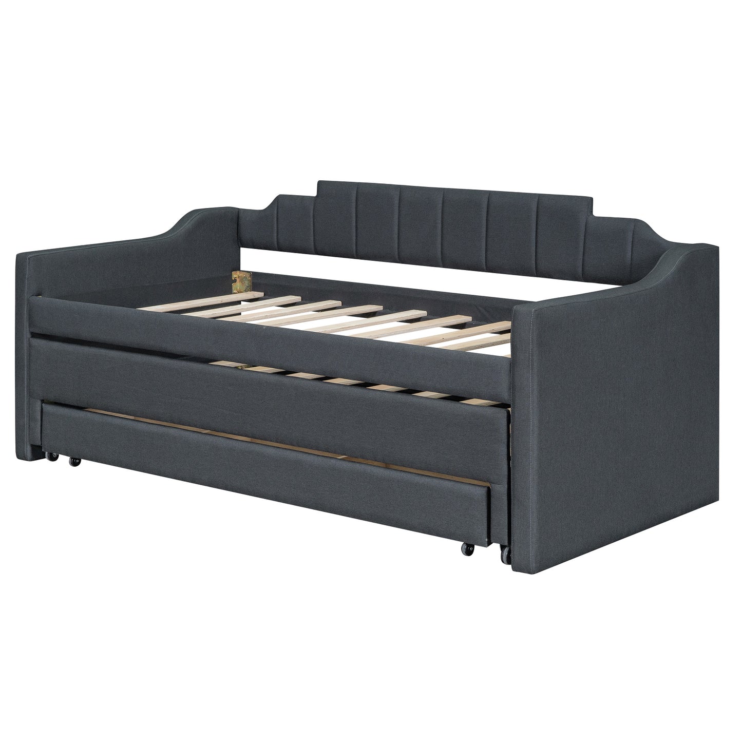 upholstered bed with trundle and three drawers, grey