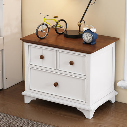 Wooden Captain Bed with Trundle and Nightstand, White+Walnut