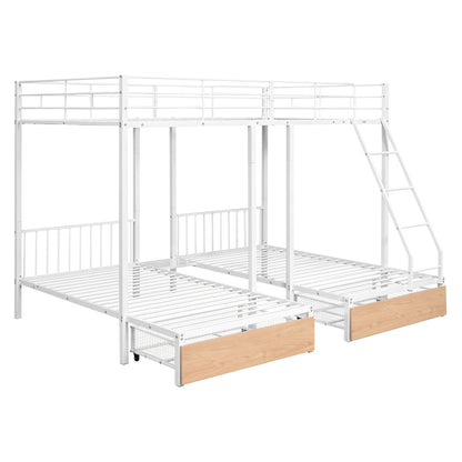 Full Over Twin & Twin Bunk Bed with Drawers and Guardrails, White