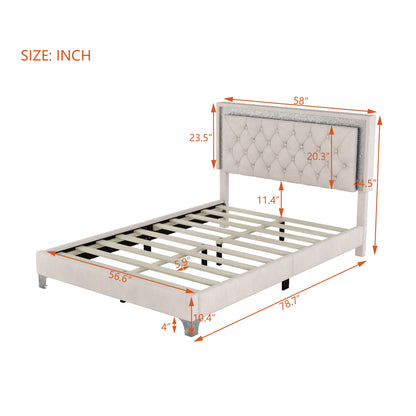 Upholstered Bed Frame with LED Lights, Beige
