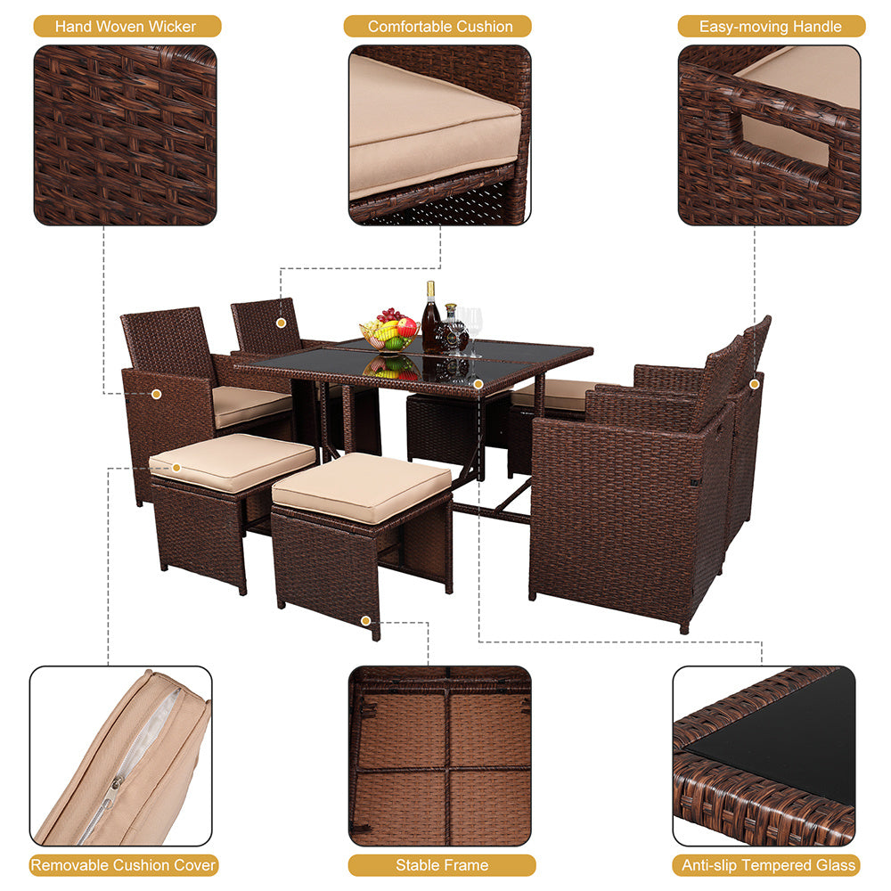 9 pcs wood grain pe wicker rattan dining set
