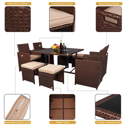 9 Pcs Wood Grain PE Wicker Rattan Dining Set