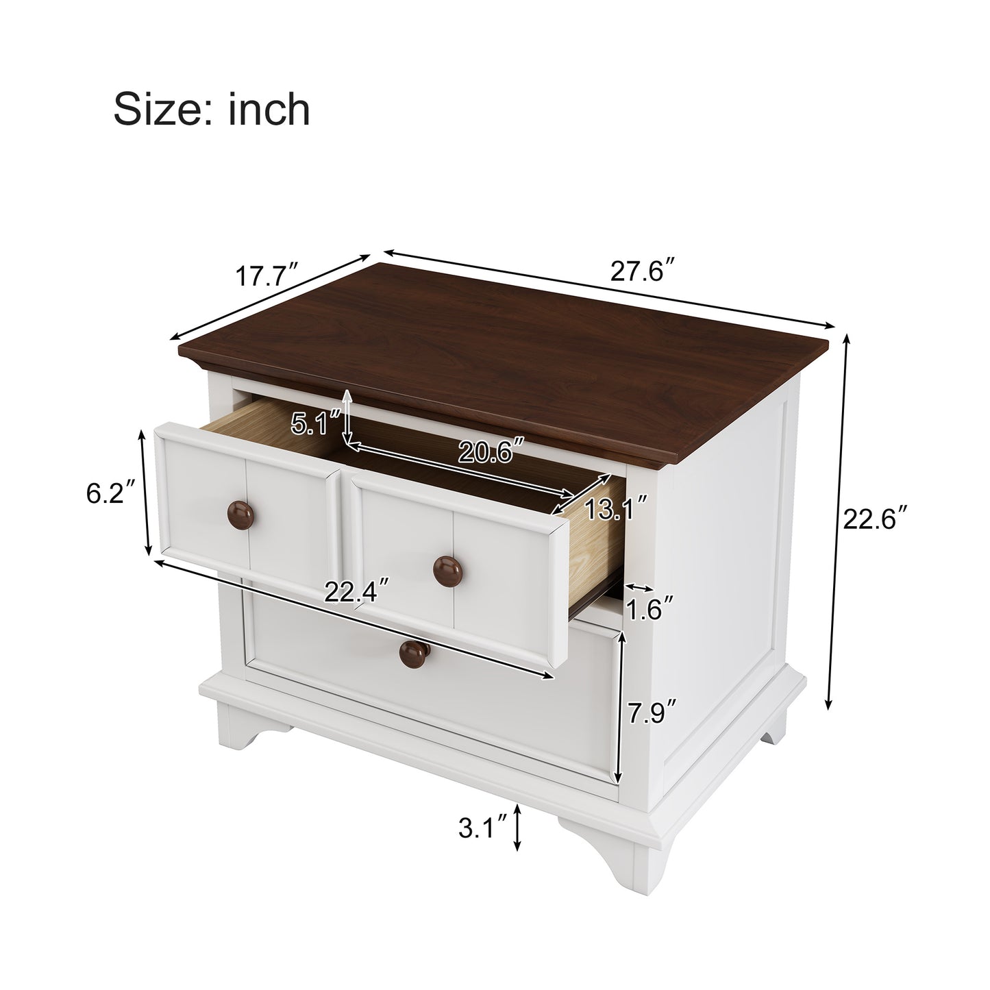 wooden captain bed with trundle and nightstand, white+walnut