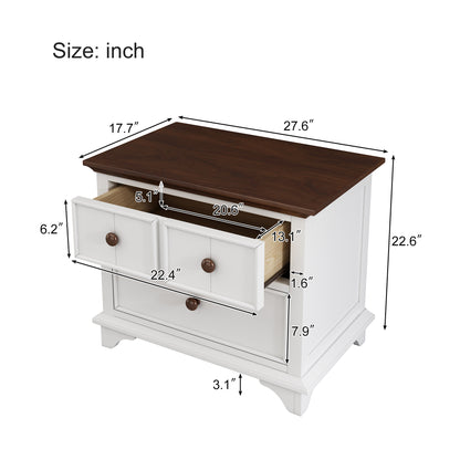 Wooden Captain Bed with Trundle and Nightstand, White+Walnut