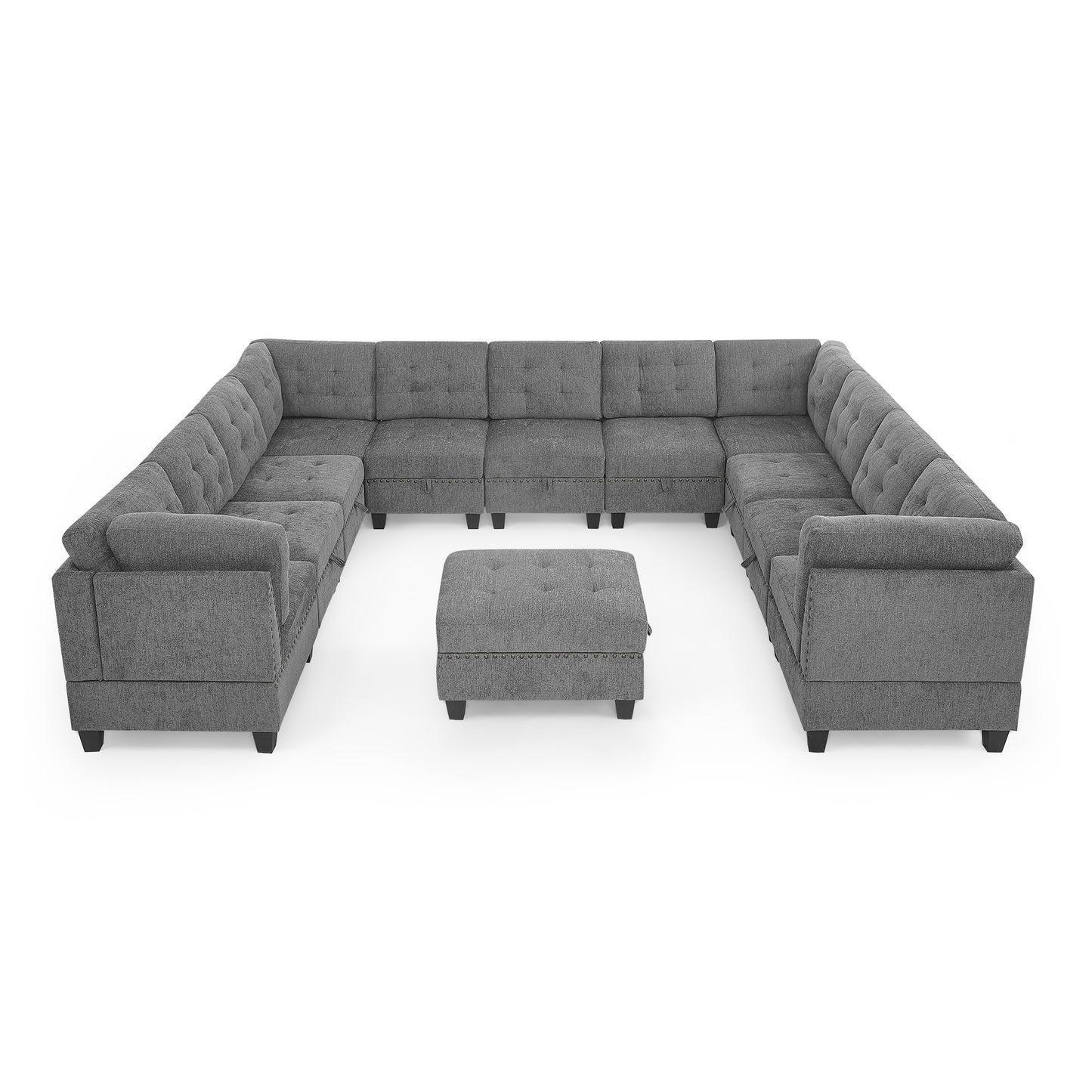 u shape modular sectional sofa includes seven single chair, four corner and one ottoman, grey