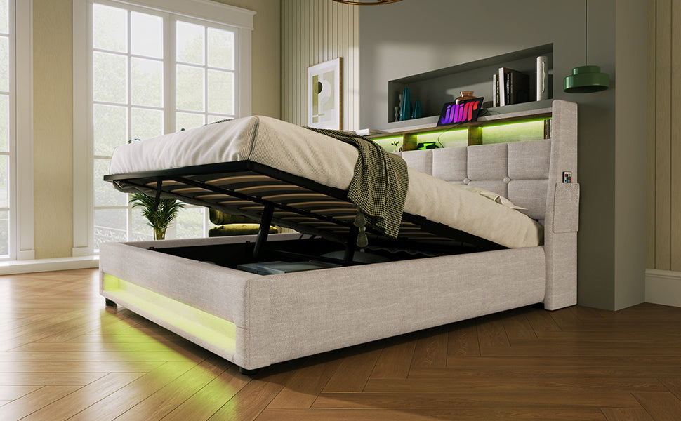 jody upholstered platform bed with a hydraulic storage system, led and usb charging,