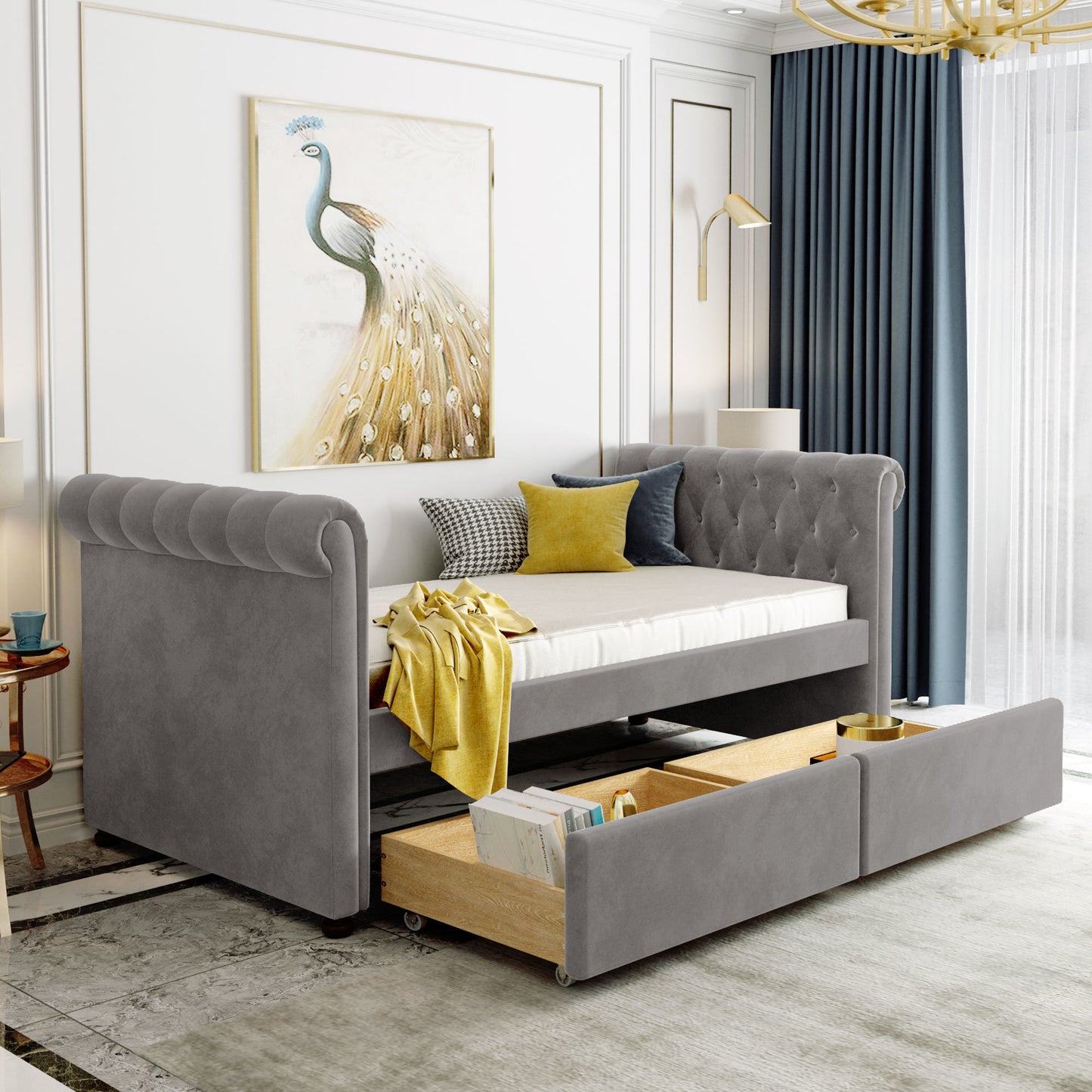 sara upholstered bed with drawers, gray