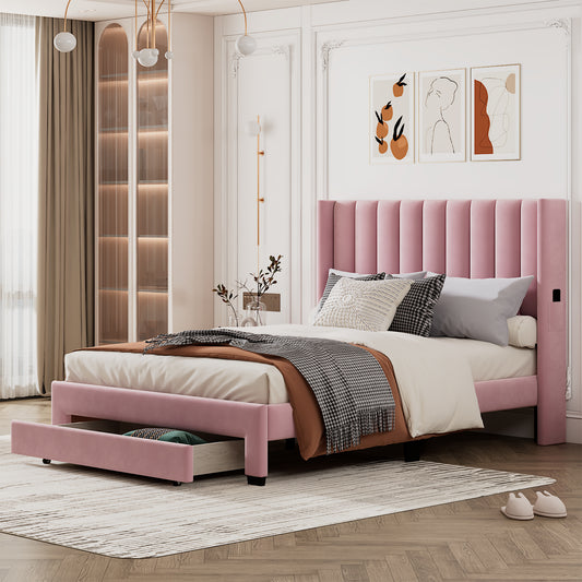 Queen Size Storage Bed Velvet Upholstered Platform Bed with a Big Drawer - Beige