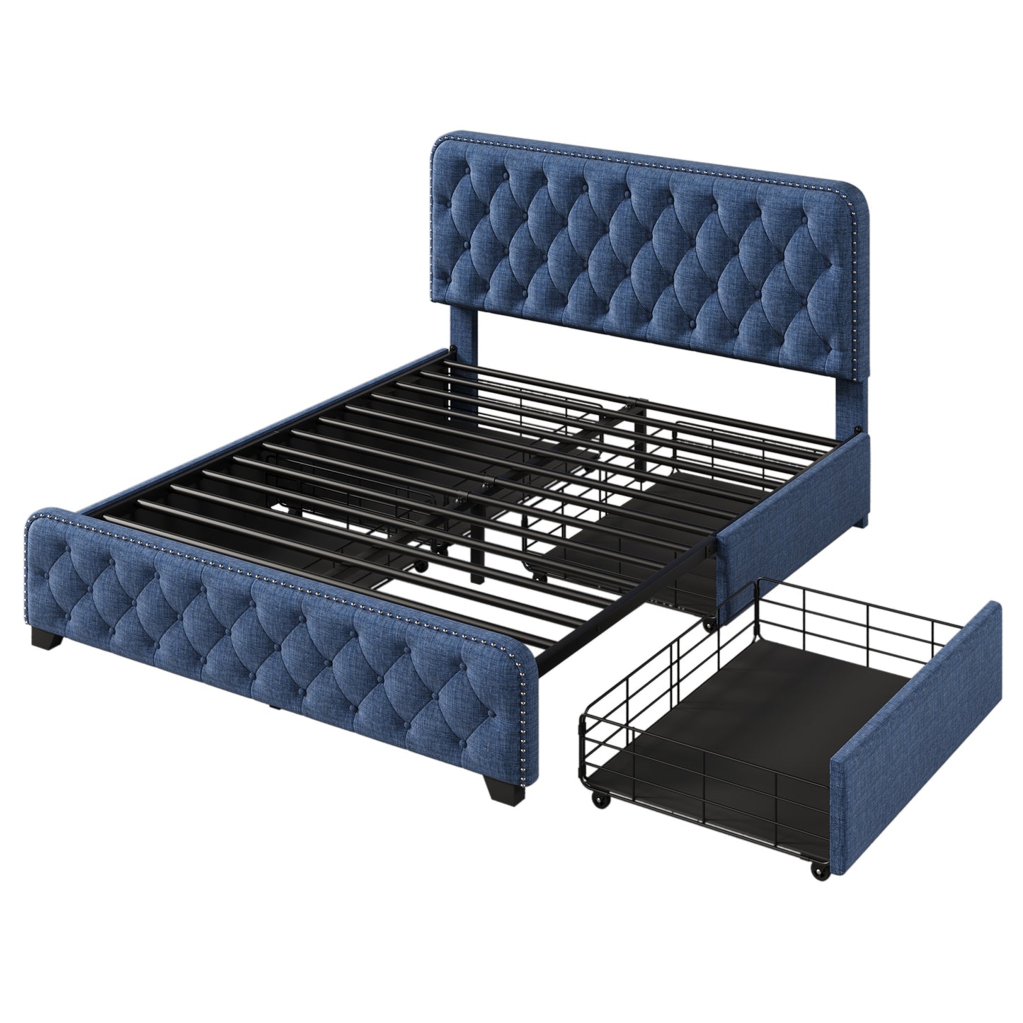 sara upholstered platform bed frame with four drawers, blue