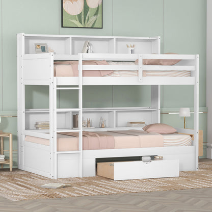 Twin Size Bunk Bed with Built-in Shelves, White