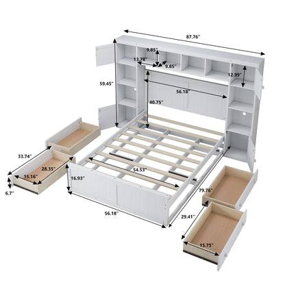 Elegant and Functional Bed with 4 Drawers and All-in-One Cabinet and Shelf, White