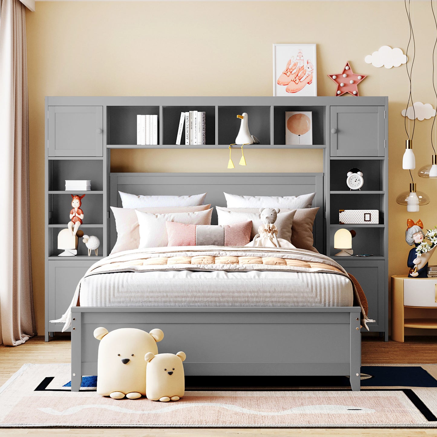 wooden bed with all-in-one cabinet and shelf