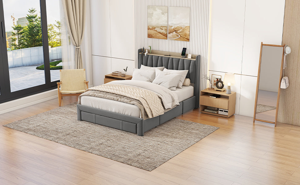 queen size bed frame with storage headboard and charging station,dark gray