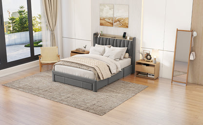 Queen Size Bed Frame with Storage Headboard and Charging Station,Dark Gray