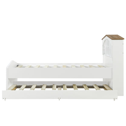 House-shaped Bed with Storage Headboard and Trundle, White