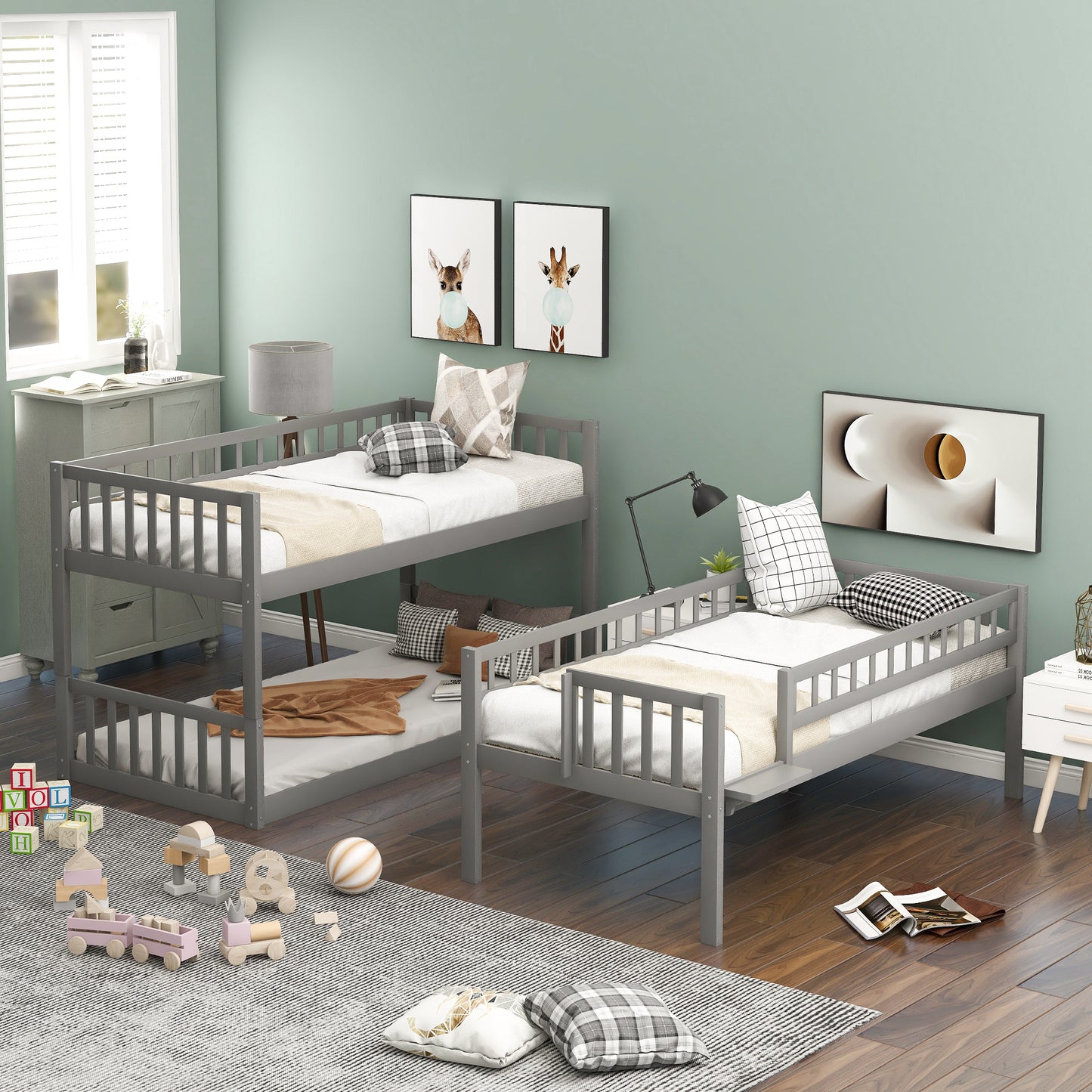 twin-over-twin-over-twin triple bed with built-in ladder and slide