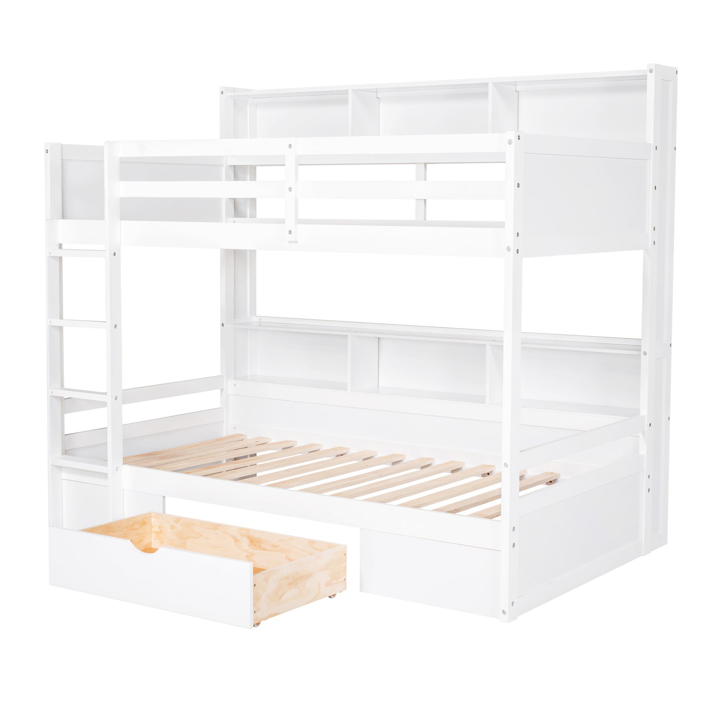 twin size bunk bed with built-in shelves, white
