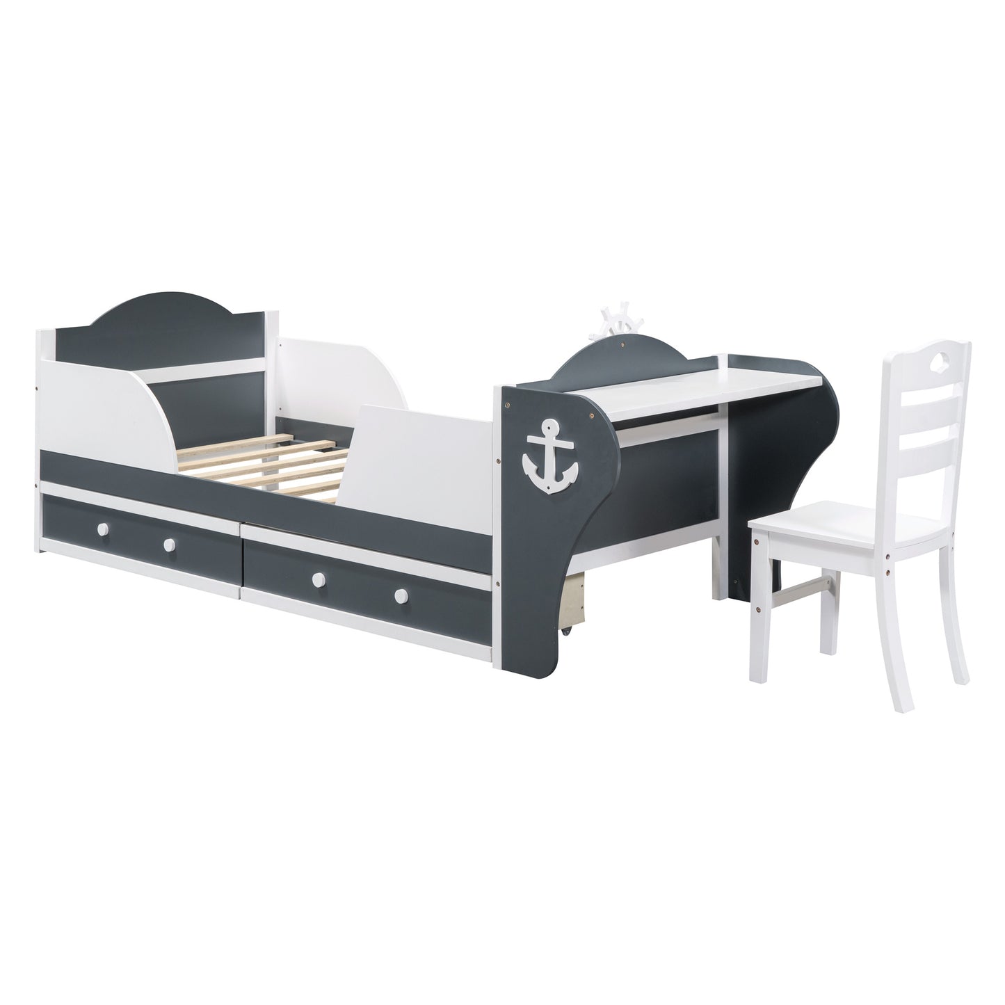 boat-shaped platform bed with two drawers, desk and chair, white+gray