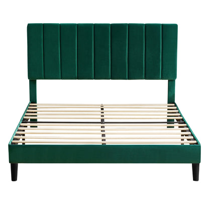 Queen Size Platform Bed with Upholstered Headboard and Slat Support, Green
