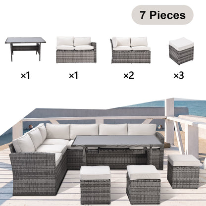 7 Pieces Outdoor Sectional Conversation Sofa with Dining Table, Chairs and Ottomans, Grey+Beige