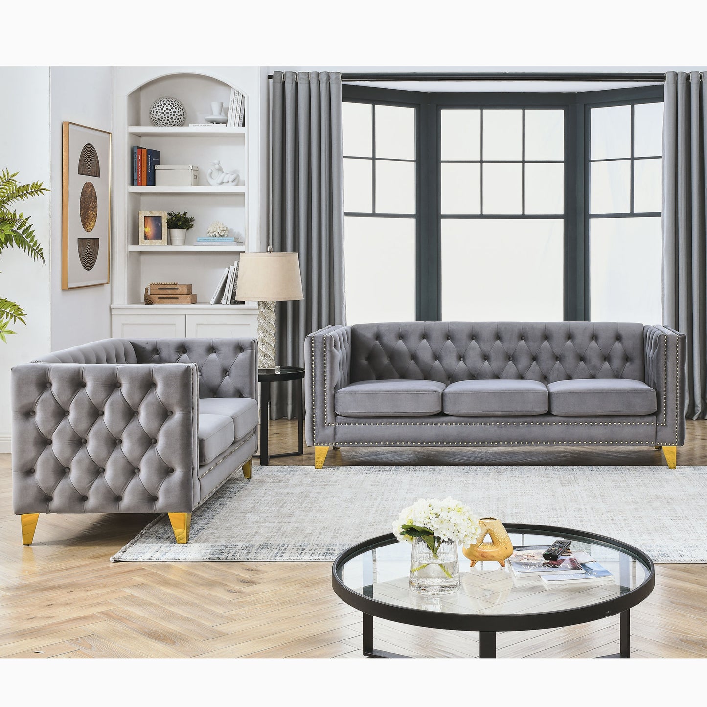 3-seater + 2-seater combination sofa, grey velvet