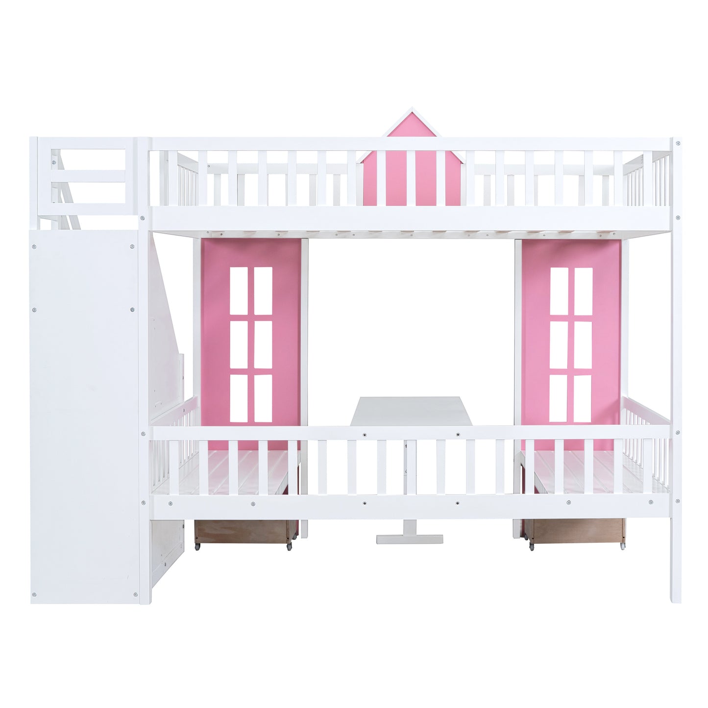 full-over-full bunk bed with changeable table, pink