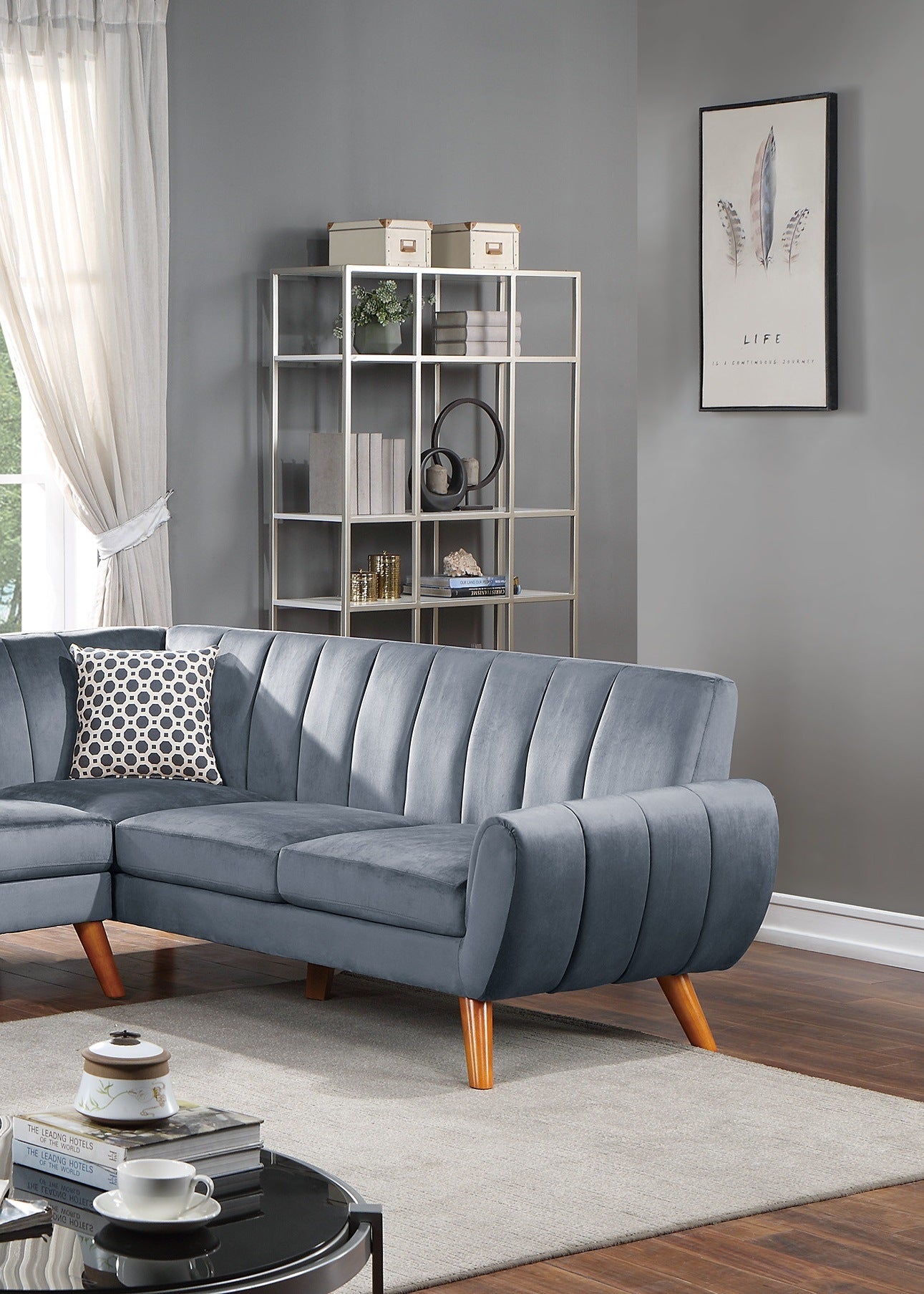 contemporary 2-pcs sectional set living room furniture dark gray velvet couch left facing sofa, right facing loveseat wedge plush cushion
