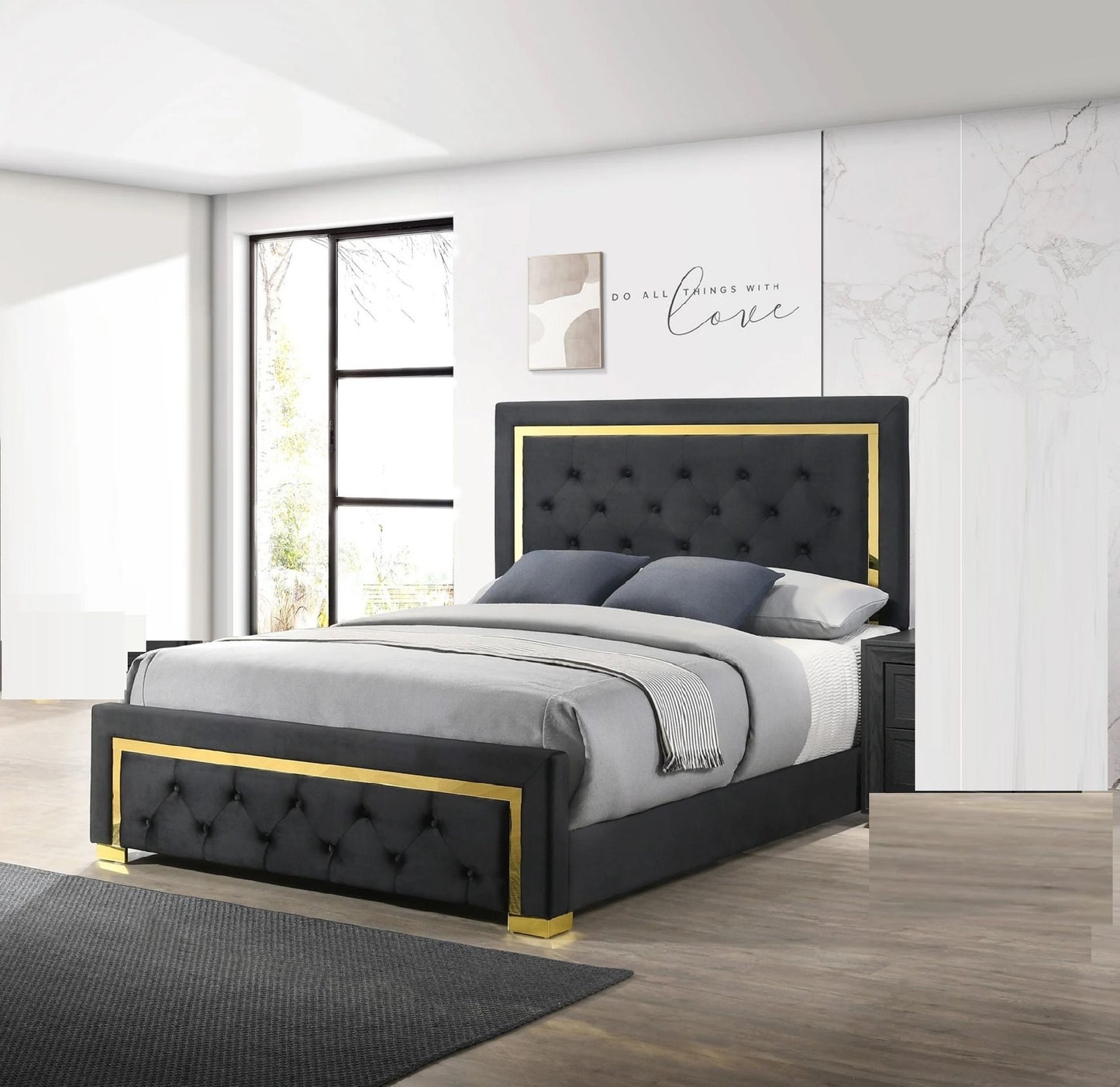 glam queen black fabric upholstered bed