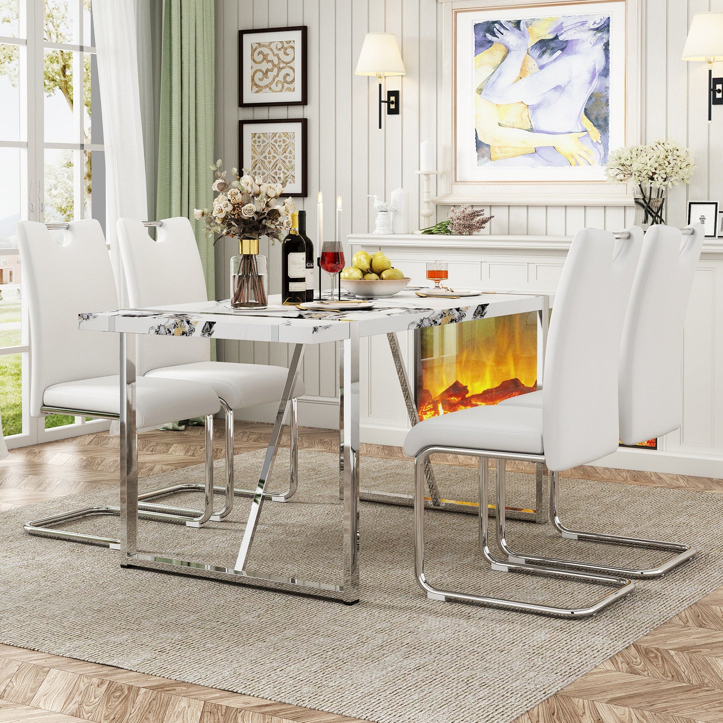 5-piece dining table chairs set, white
