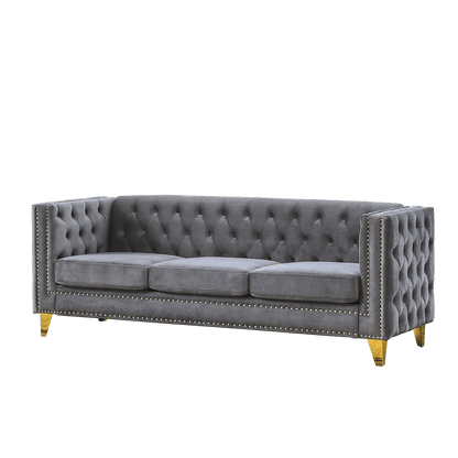 Velvet Sofa Tufted Square Arm Couch, Grey Velvet