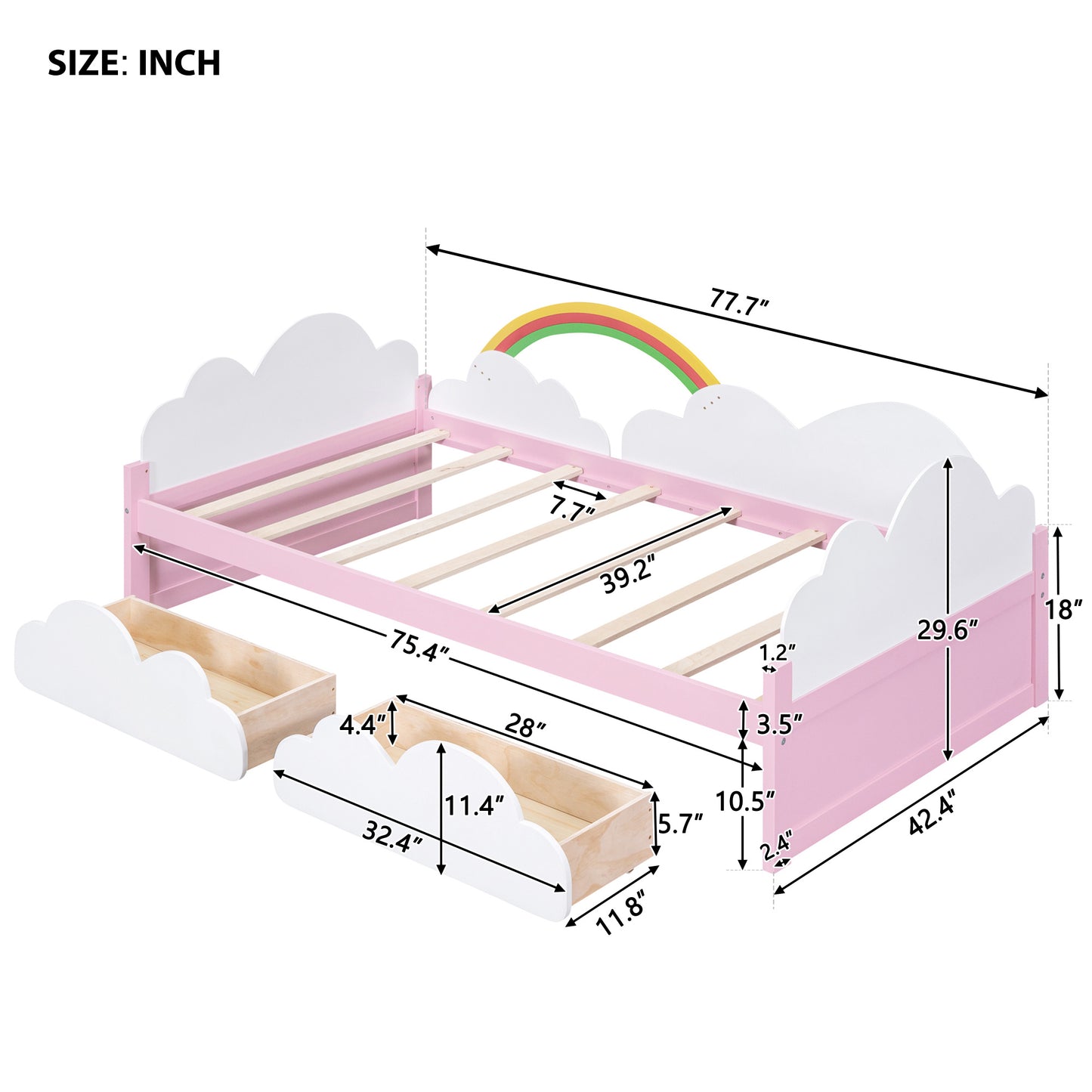 twin size bed with clouds and rainbow decor