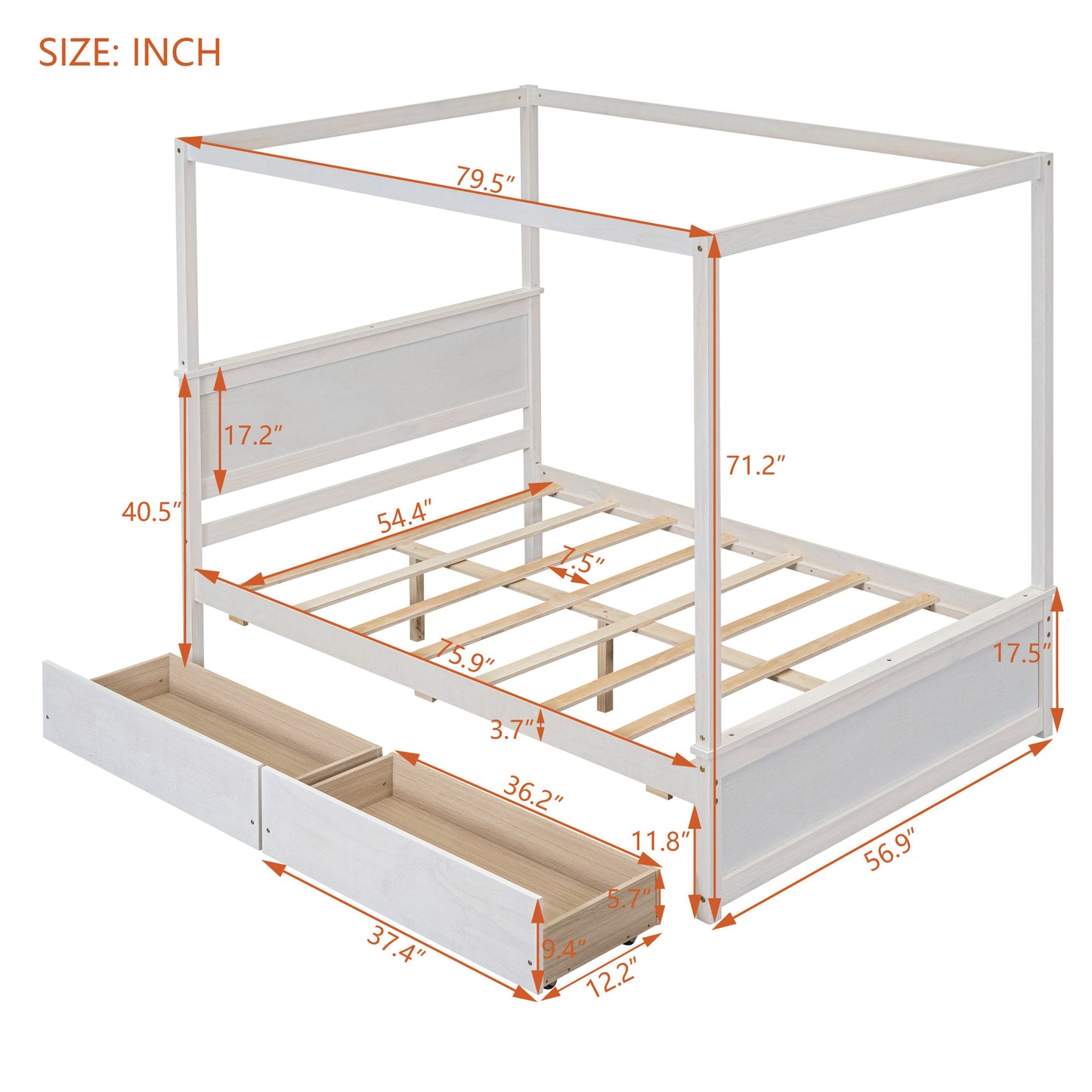 wood canopy bed with two drawers, white