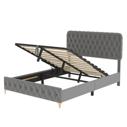 Velvet Upholstered Bed with Deep Tufted Buttons & pneumatic hydraulic function, Grey